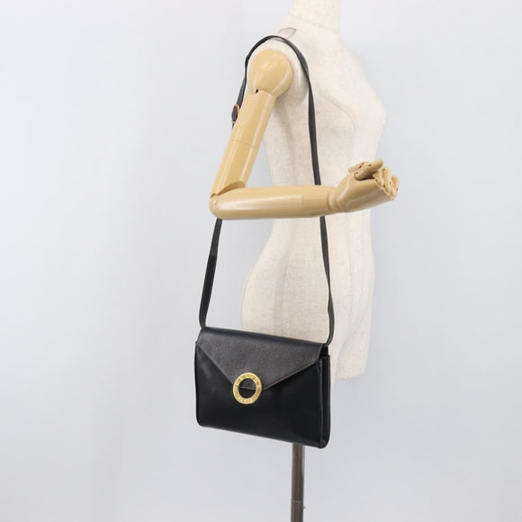 CELINE Circle Hand Bag Leather Black Gold Auth 120926