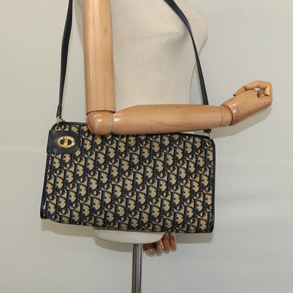 Christian Dior Trotter Canvas Shoulder Bag Navy Gold Auth 120936