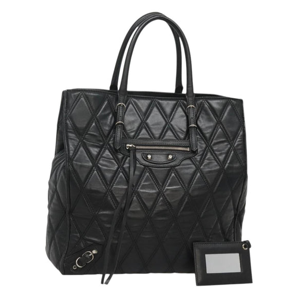 BALENCIAGA Hand Bag Leather Black Silver Auth 120938