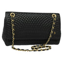 BALLY Quilted Chain Shoulder Bag Leather Black Gold Auth 120948-1