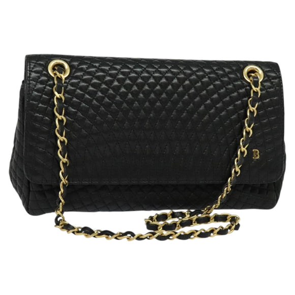 BALLY Quilted Chain Shoulder Bag Leather Black Gold Auth 120948