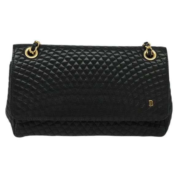 BALLY Quilted Chain Shoulder Bag Leather Black Gold Auth 120948