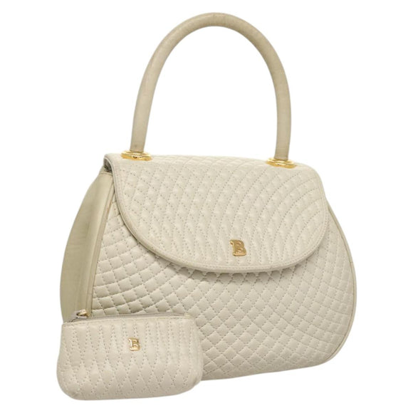 BALLY Hand Bag Leather White Gold Auth 120949