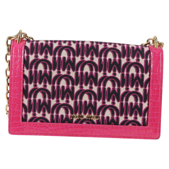 Miu Miu Chain Shoulder Bag Canvas Leather 2way Pink Gold Auth 120964SAM