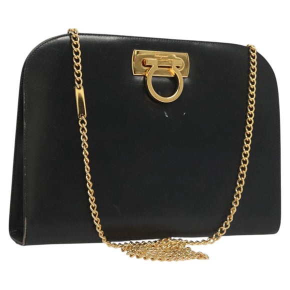 Salvatore Ferragamo Gancini Chain Shoulder Bag Leather Black Gold Auth 120975