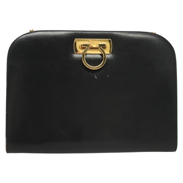 Salvatore Ferragamo Gancini Chain Shoulder Bag Leather Black Gold Auth 120975 - 0
