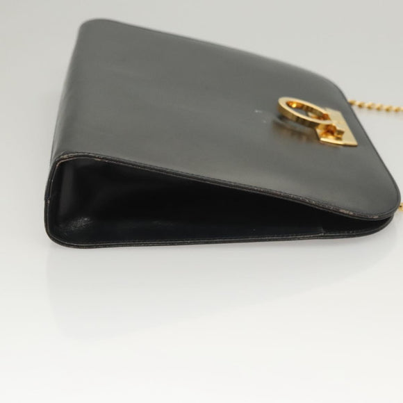 Salvatore Ferragamo Gancini Chain Shoulder Bag Leather Black Gold Auth 120975