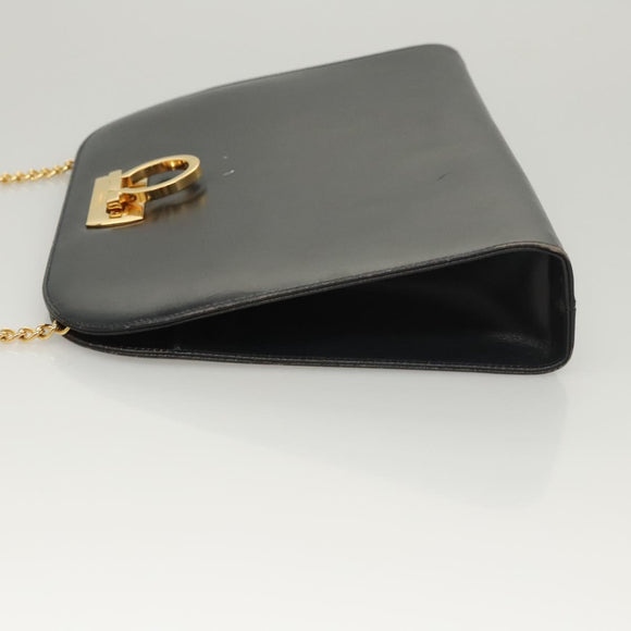 Salvatore Ferragamo Gancini Chain Shoulder Bag Leather Black Gold Auth 120975