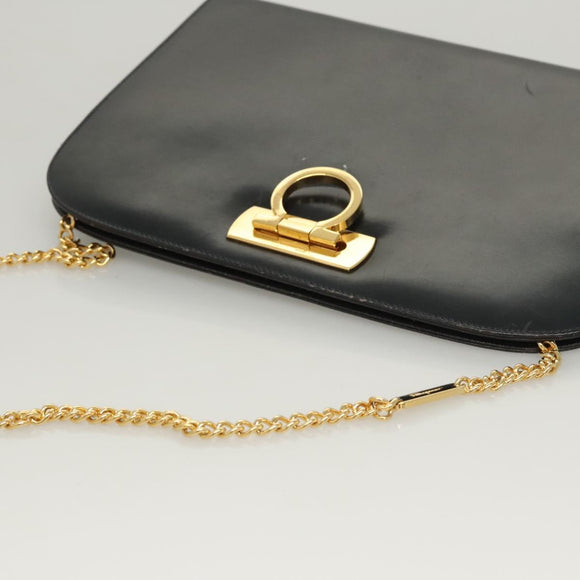 Salvatore Ferragamo Gancini Chain Shoulder Bag Leather Black Gold Auth 120975