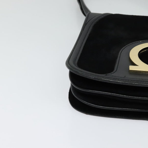 Salvatore Ferragamo Gancini Chain Shoulder Bag Suede Black Gold Auth 120977