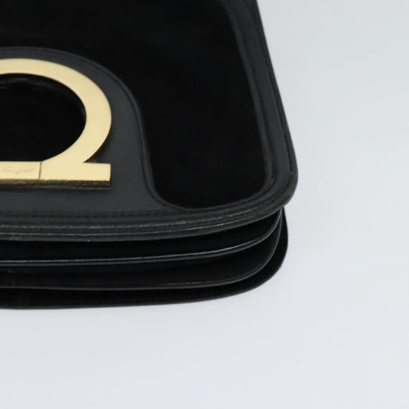 Salvatore Ferragamo Gancini Chain Shoulder Bag Suede Black Gold Auth 120977