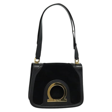 Salvatore Ferragamo Gancini Chain Shoulder Bag Suede Black Gold Auth 120977