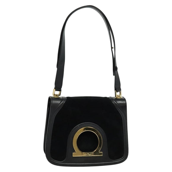 Salvatore Ferragamo Gancini Chain Shoulder Bag Suede Black Gold Auth 120977