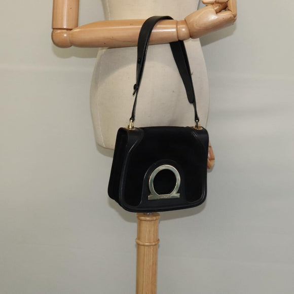 Salvatore Ferragamo Gancini Chain Shoulder Bag Suede Black Gold Auth 120977