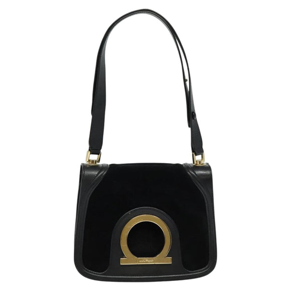 Salvatore Ferragamo Gancini Chain Shoulder Bag Suede Black Gold Auth 120977