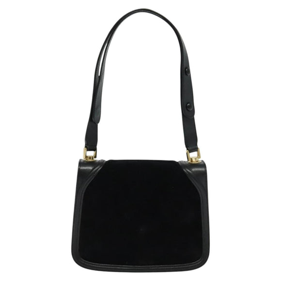 Salvatore Ferragamo Gancini Chain Shoulder Bag Suede Black Gold Auth 120977