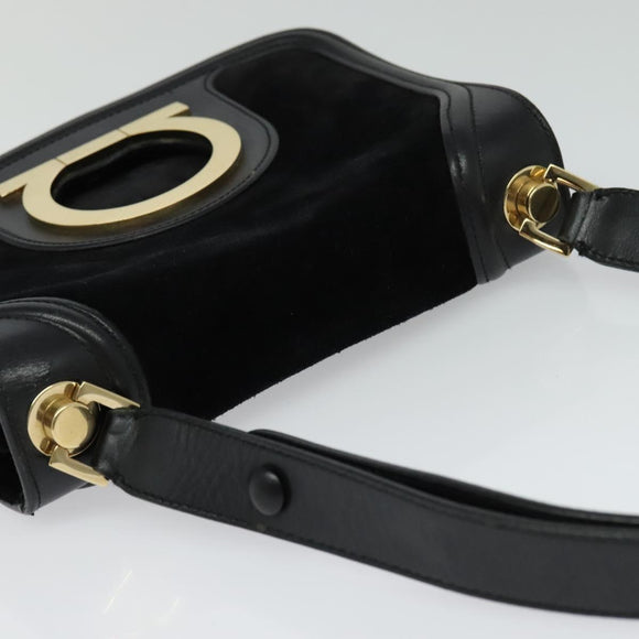 Salvatore Ferragamo Gancini Chain Shoulder Bag Suede Black Gold Auth 120977