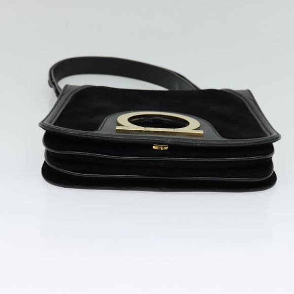 Salvatore Ferragamo Gancini Chain Shoulder Bag Suede Black Gold Auth 120977