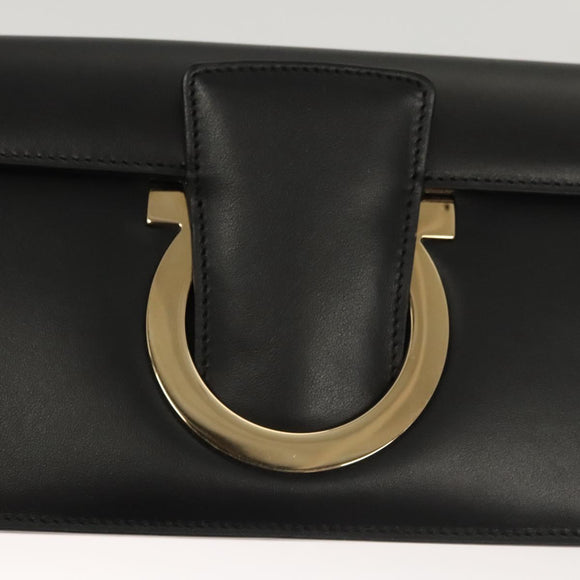 Salvatore Ferragamo Gancini Chain Shoulder Bag Leather Black Gold Auth 120981