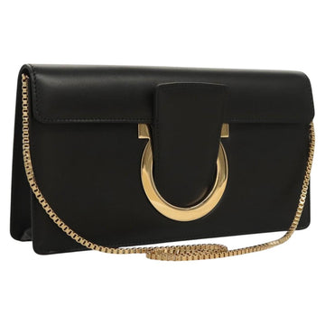 Salvatore Ferragamo Gancini Chain Shoulder Bag Leather Black Gold Auth 120981