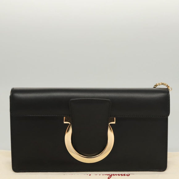 Salvatore Ferragamo Gancini Chain Shoulder Bag Leather Black Gold Auth 120981