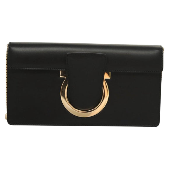Salvatore Ferragamo Gancini Chain Shoulder Bag Leather Black Gold Auth 120981