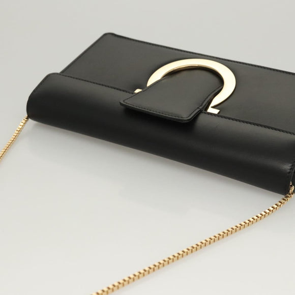 Salvatore Ferragamo Gancini Chain Shoulder Bag Leather Black Gold Auth 120981