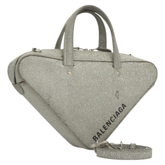 BALENCIAGA Triangle Duffle XS Hand Bag Leather 2way Silver 531048 Auth 121086