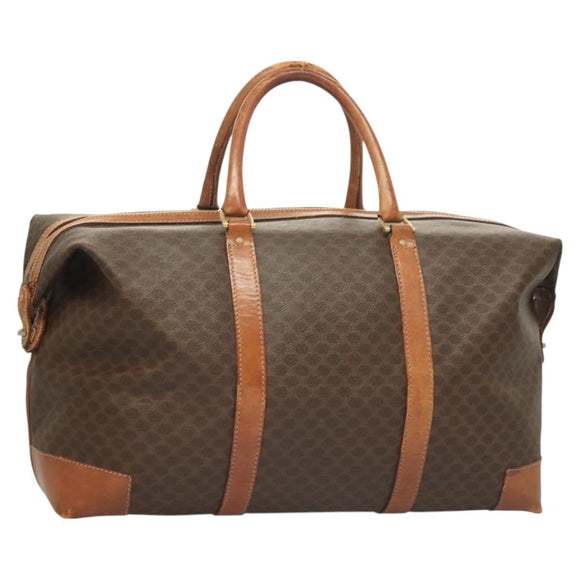 CELINE Macadam Canvas Boston Bag PVC Leather Brown Gold Auth 121130
