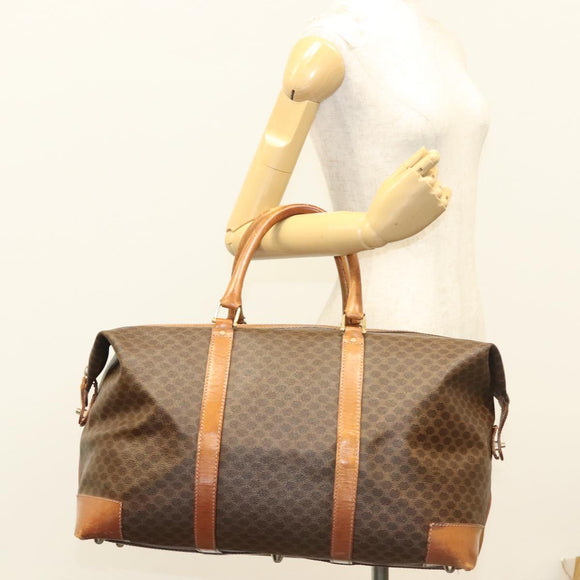 CELINE Macadam Canvas Boston Bag PVC Leather Brown Gold Auth 121130