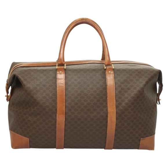 CELINE Macadam Canvas Boston Bag PVC Leather Brown Gold Auth 121130
