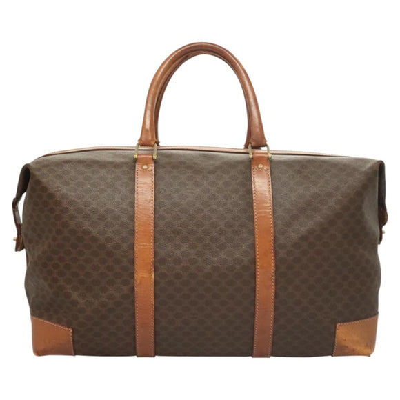 CELINE Macadam Canvas Boston Bag PVC Leather Brown Gold Auth 121130