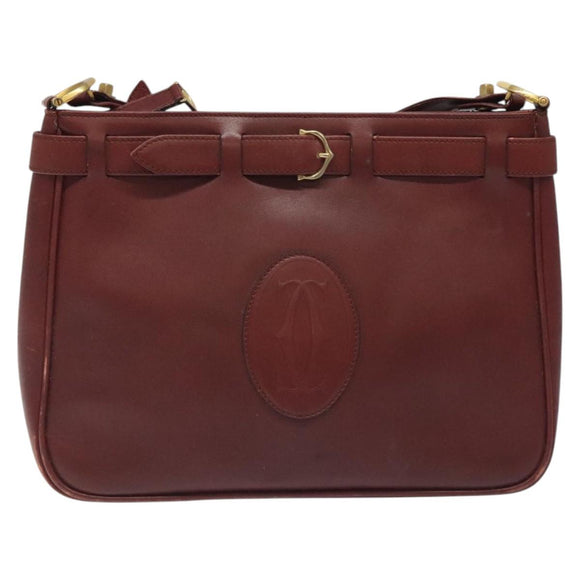 CARTIER Shoulder Bag Leather Red Gold Auth 121159