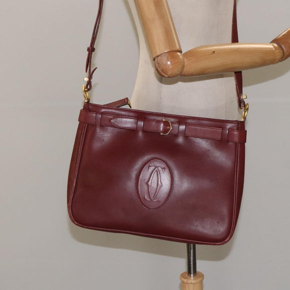 CARTIER Shoulder Bag Leather Red Gold Auth 121159