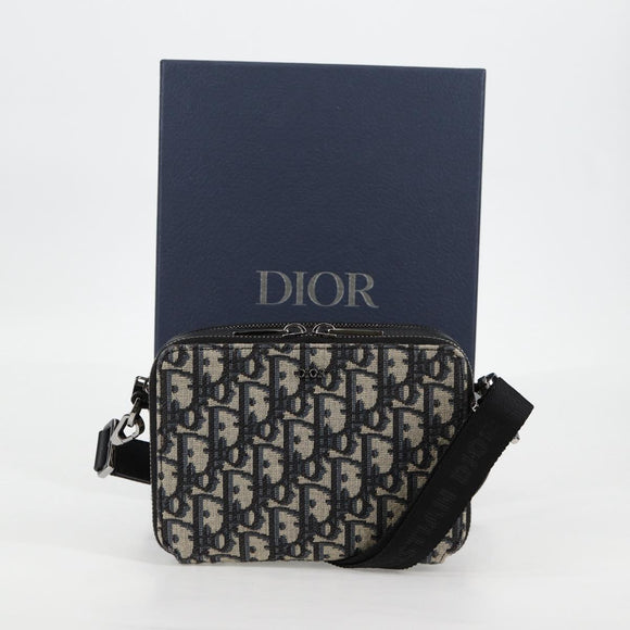 Christian Dior Trotter Canvas Schoudertas Marine Zilver Auth 121172SAM