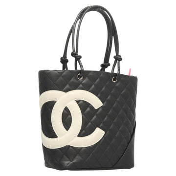 CHANEL Medium Cambon Line Tote Bag Leather Black Silver CC Auth 121183V