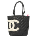 CHANEL Medium Cambon Line Tote Bag Leather Black Silver CC Auth 121183V-13