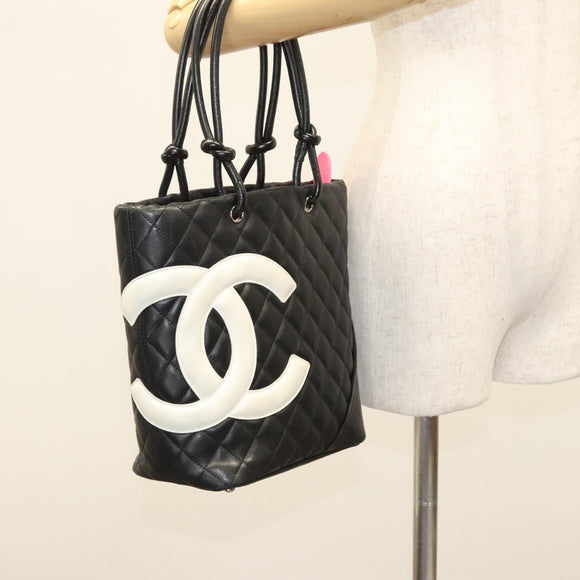 CHANEL Medium Cambon Line Tote Bag Leather Black Silver CC Auth 121183V