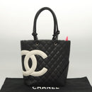 CHANEL Medium Cambon Line Tote Bag Leather Black Silver CC Auth 121183V-12