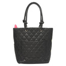 CHANEL Medium Cambon Line Tote Bag Leather Black Silver CC Auth 121183V-2