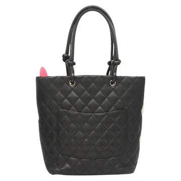 CHANEL Medium Cambon Line Tote Bag Leather Black Silver CC Auth 121183V - 0