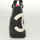 CHANEL Medium Cambon Line Tote Bag Leather Black Silver CC Auth 121183V-4