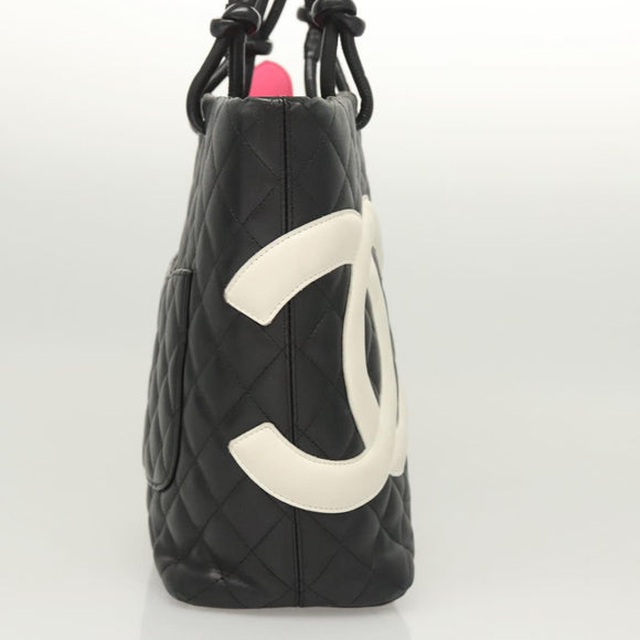 CHANEL Medium Cambon Line Tote Bag Leather Black Silver CC Auth 121183V