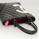 CHANEL Medium Cambon Line Tote Bag Leather Black Silver CC Auth 121183V-6
