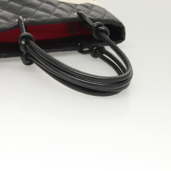 CHANEL Medium Cambon Line Tote Bag Leather Black Silver CC Auth 121183V