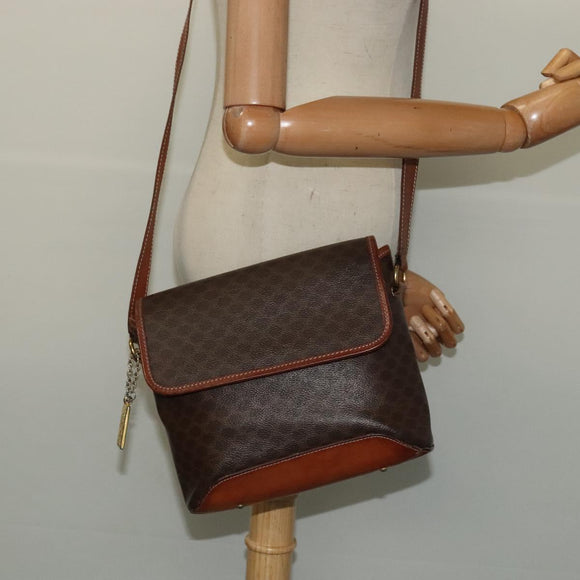 CELINE Macadam Canvas Shoulder Bag PVC Leather Brown Gold Auth 121207
