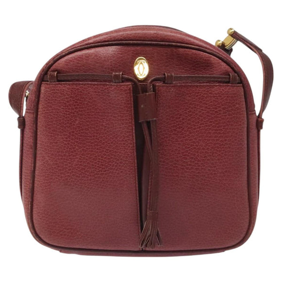 CARTIER Shoulder Bag Leather Bordeaux Gold Auth 121239