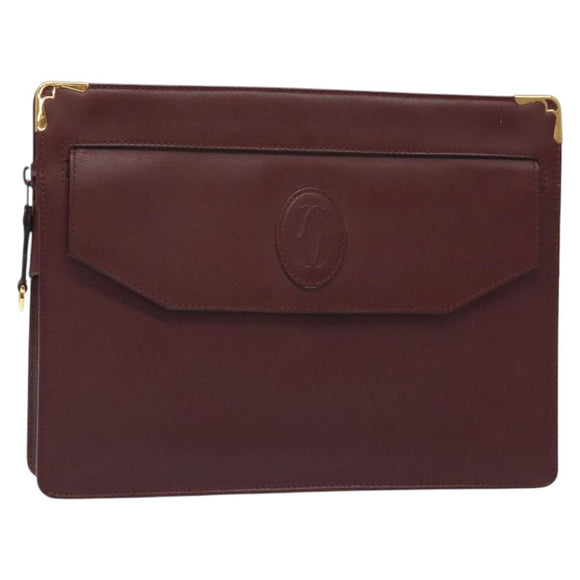 CARTIER Clutch Bag Leather Bordeaux Gold Auth 121240