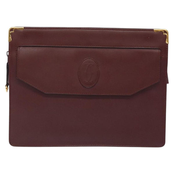 CARTIER Clutch Bag Leather Bordeaux Gold Auth 121240