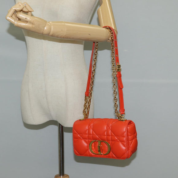 Christian Dior CARO Calo Microcannage Shoulder Bag Leather Orange Auth 121261M